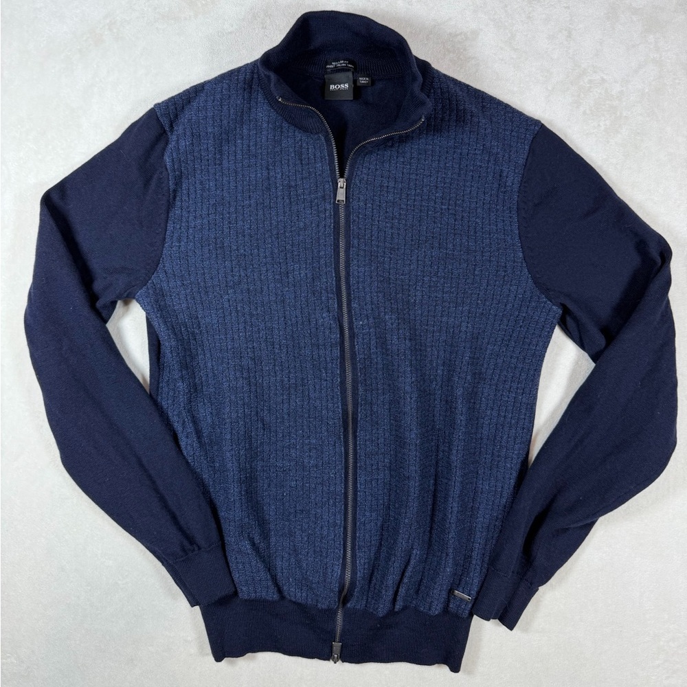 Hugo Boss Small 100% Wool Finest Italian Ribbed Men's Zip-Up Sweater in Navy